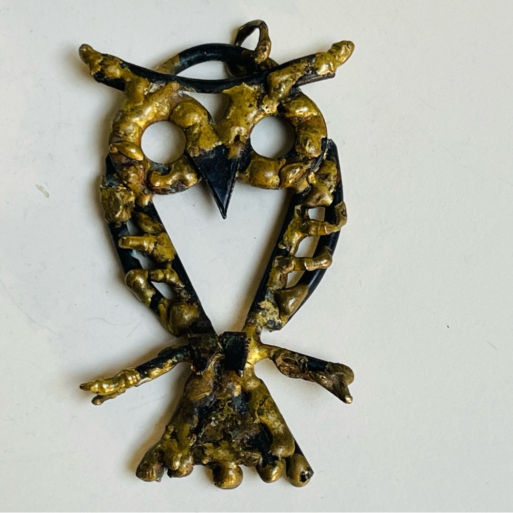 Artisan Owl Pendant Black Gold Bird Grunge Handmade